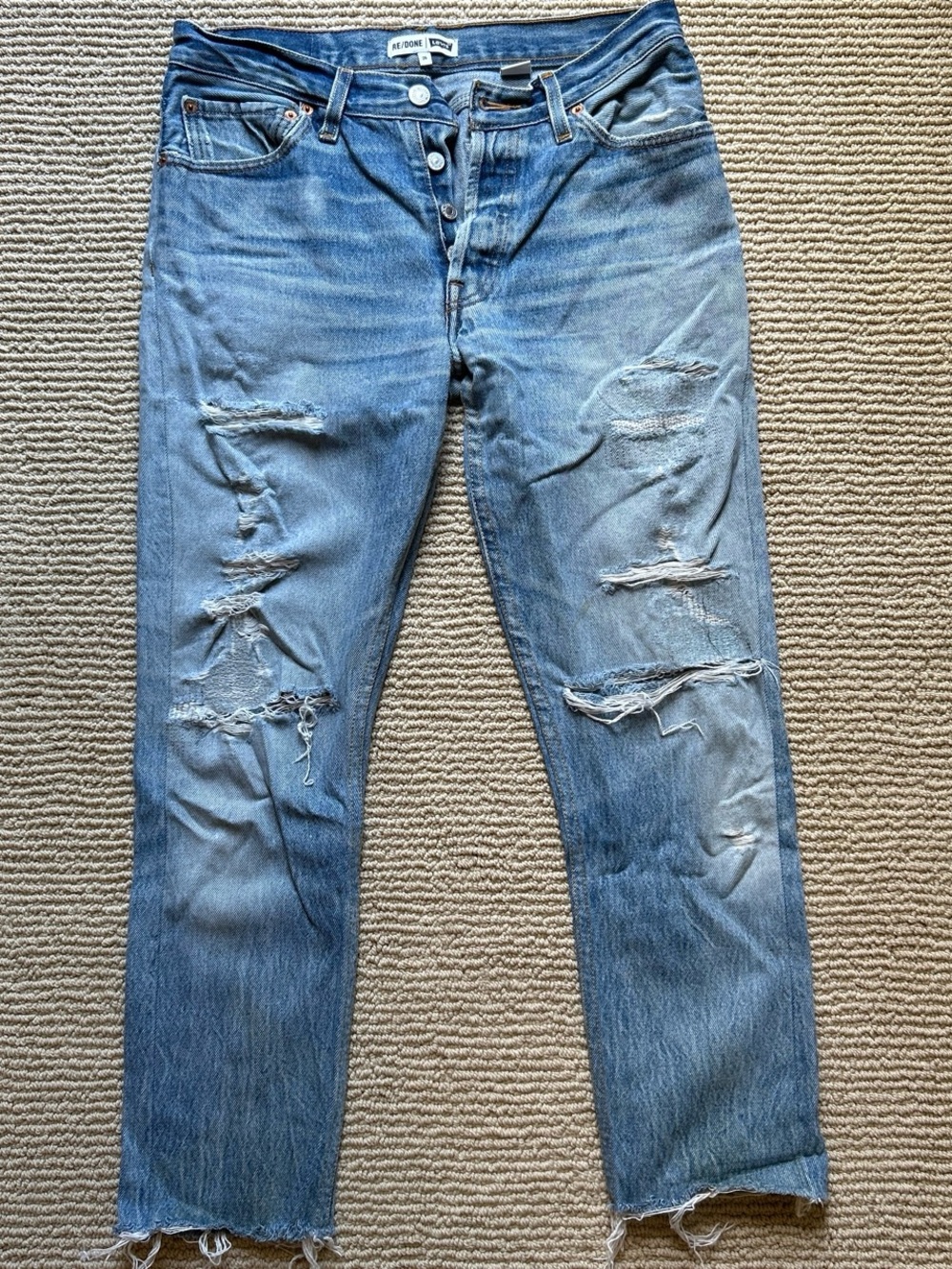 Re/Done Men's Distressed Light Blue Straight Jeans